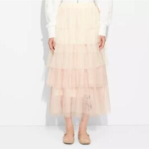 Universal Cream-Pink Tiered Tulle Midi Skirt